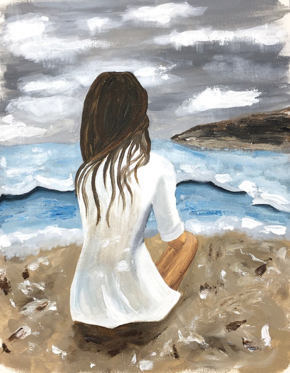 Original Painting, Original Girl at Beach Painting, Wall Art, Hand Painted in US, Any Size