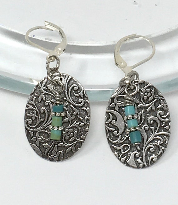 Etched Antiqued Pewter and Turquoise  Bead Earrings