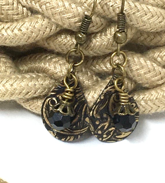 Etched Antiqued Brass Black Crystal Earring