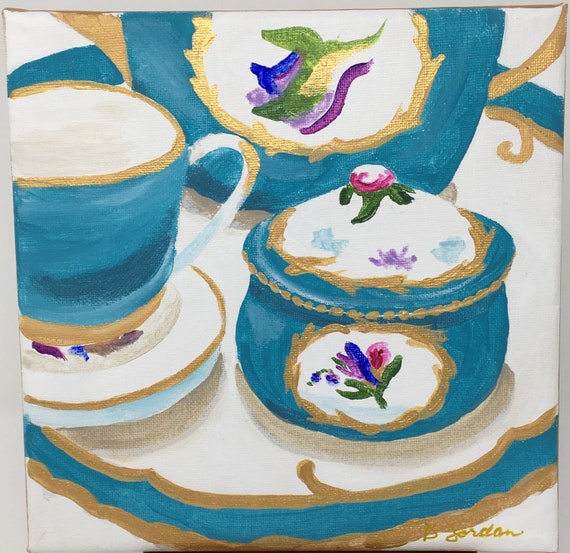 Original Painting, Original Tea Service Painting, Large Art, Hand Painted in US, Any Size