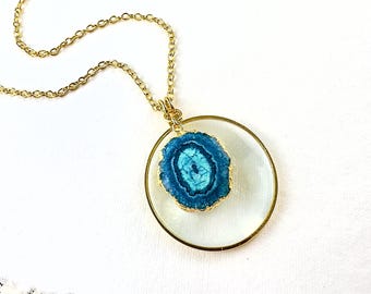 Gold Magnifying Glass Necklace: Apatite Blue Quartz, Handmade USA