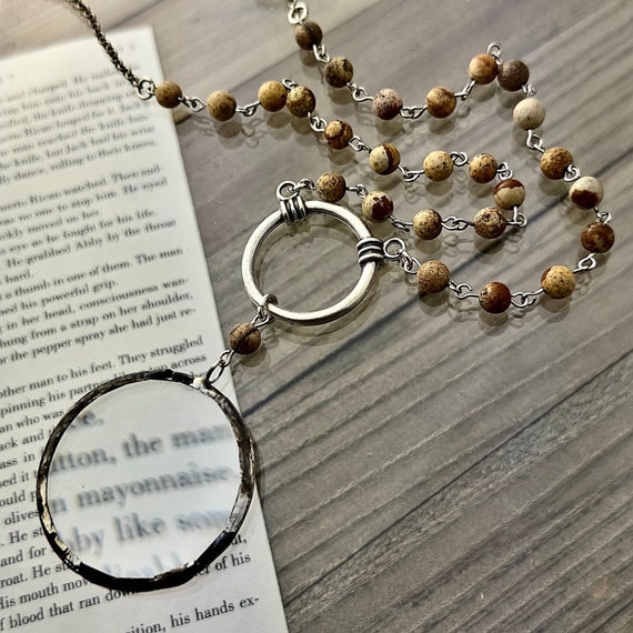 Silver and Jasper Magnifying Glass Necklace, Silver Monocle Necklace, Made in the the USA