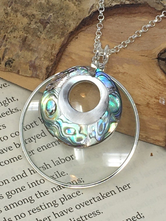 Magnifying Glass Necklace with Abalone Shell Pendant, Monocle Necklace, Magnifying Pendant
