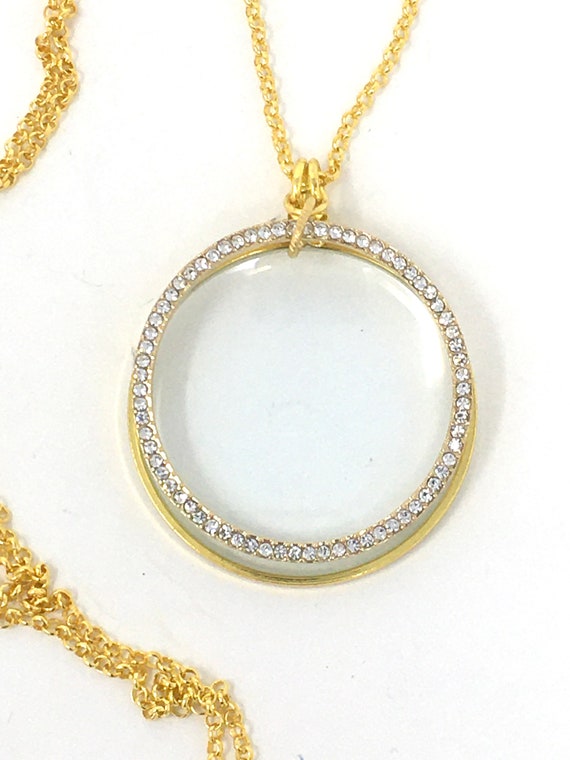 Gold Magnifying Glass Necklace, Rhinestone Monocle Pendant, Handmade USA