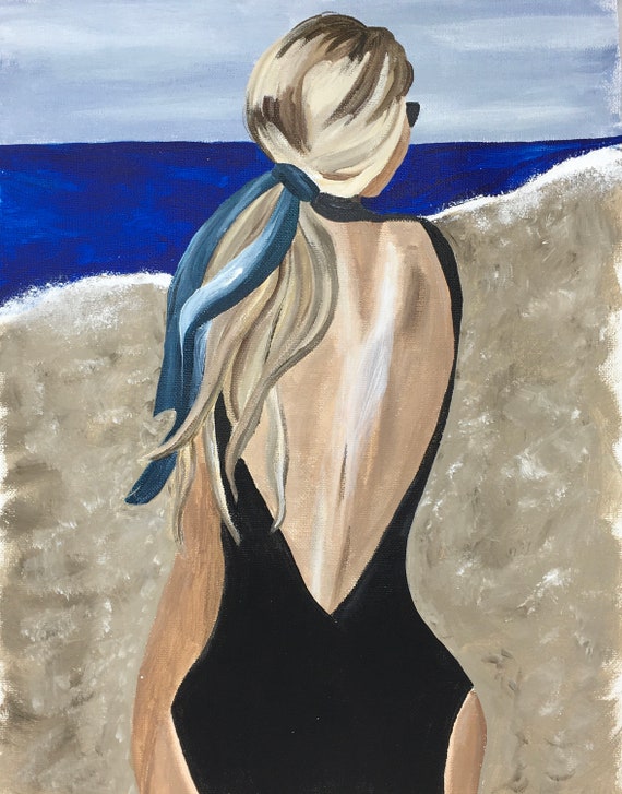 Original Painting, Original Girl in Black Painting, Wall Art, Hand Painted in US, Swimsuit, Any Size