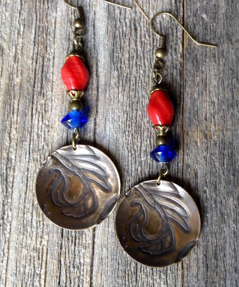 Bohemian Antique Brass Earrings with Red and Blue Beads Etsy
