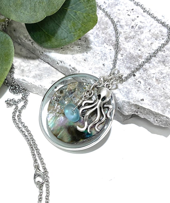 Magnifying Glass Necklace, Silver Monocle Necklace, Octopus Necklace, Made In USA