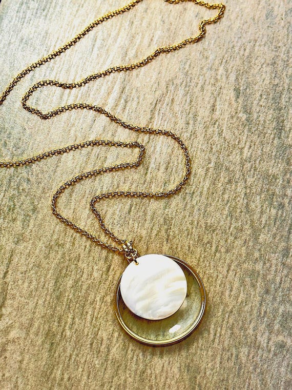 Gold Magnifying Glass Necklace with Mother of Pearl Pendant, USA Handmade
