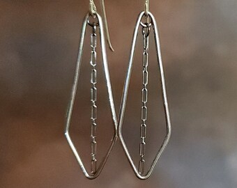 Small Dangly Kite Shaped Handmade Earrings with Dainty Accent Chain ~ lightweight, sterling silver