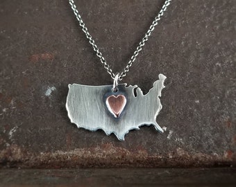 United States Necklace ~ copper heart, sterling silver, hand cut and finished, USA Love!