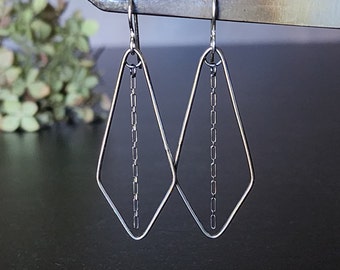 Kite Shaped Handmade Dangly Earrings with Dainty Accent Chain ~ lightweight, sterling silver