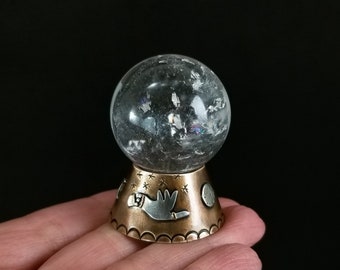 Mini Crystal Ball  ~ Hand and Moon Phase accents, crystal quartz sphere, bronze, sterling silver, handmade base