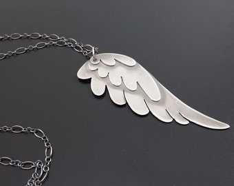 Angel Wing necklace ~ inspirational jewelry, guardian angel, protection, love, faith, sterling silver, long necklace