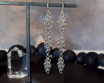 Lightweight dangly ellipse chainmaille trio earrings - sterling and stainless steel