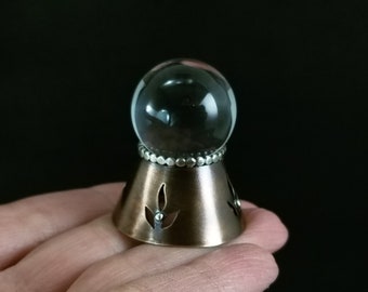 Mini Crystal Ball  ~ botanical accents, crystal quartz sphere, bronze, sterling silver, handmade base