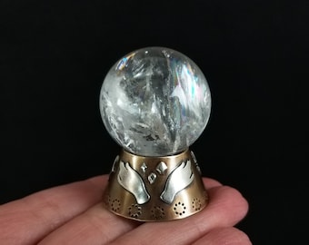 Mini Crystal Ball  ~ Hands and Stars accents, crystal quartz sphere, bronze, sterling silver, handmade base