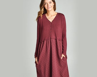 Midi Dress with Pockets - Sweater Dress Easter Dresses for Women Modest Dress Midi Dress Dresses for Women Dresses Maroon Dress Pocket Dress
