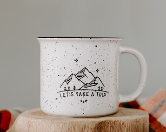 Adventure Mug Let's Take A Trip Campfire Coffee Mug // Adventure Gift Campfire Mug Travel Campfire Mug Enamel Mug Farmhouse Coffee Mug