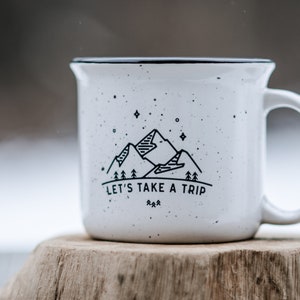 Adventure Mug Let's Take A Trip Campfire Coffee Mug // Adventure Gift Campfire Mug Travel Campfire Mug Enamel Mug Farmhouse Coffee Mug image 3