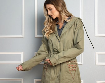 Light Jacket for Women - Olive Jacket / Spring Coat / Aztek Coat / Coats for Women / Woman's Spring Jacket / Pocket Dresses