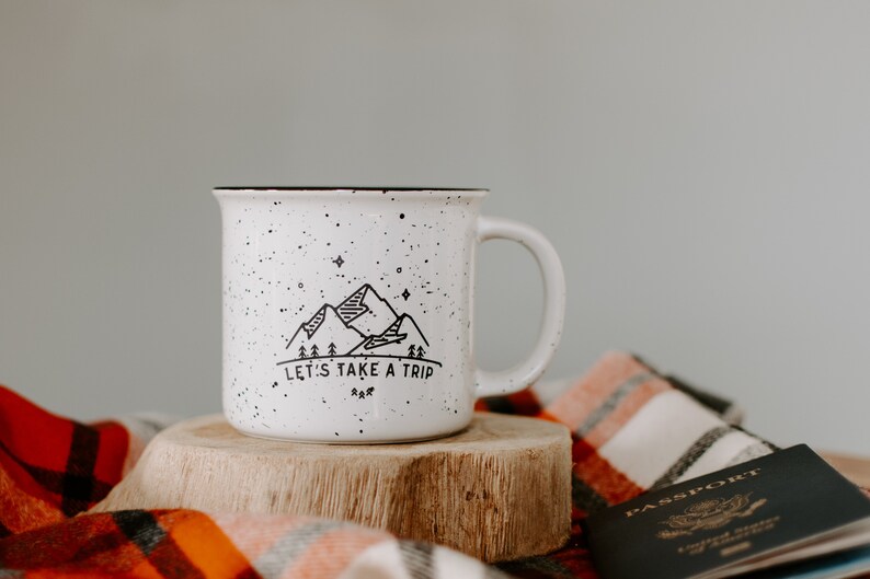 Adventure Mug Let's Take A Trip Campfire Coffee Mug // Adventure Gift Campfire Mug Travel Campfire Mug Enamel Mug Farmhouse Coffee Mug image 1