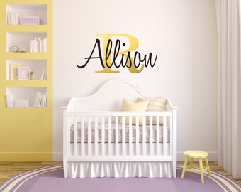 Custom Name Nursery Wall Decal Name with Initial Baby Room Baby Nursery Monogram Decal Custom Name Wall Decal Gold Decor Gold Nursery