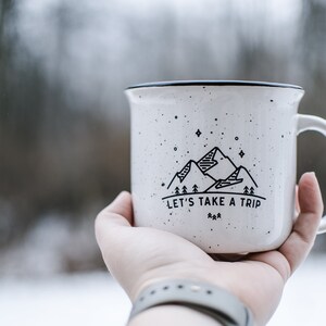 Adventure Mug Let's Take A Trip Campfire Coffee Mug // Adventure Gift Campfire Mug Travel Campfire Mug Enamel Mug Farmhouse Coffee Mug image 4