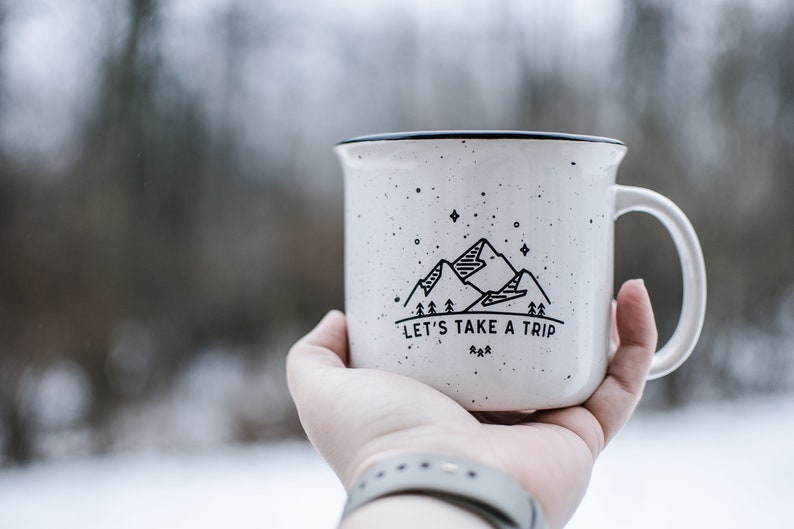 Adventure Mug Let's Take A Trip Campfire Coffee Mug // Adventure Gift Campfire Mug Travel Campfire Mug Enamel Mug Farmhouse Coffee Mug image 4