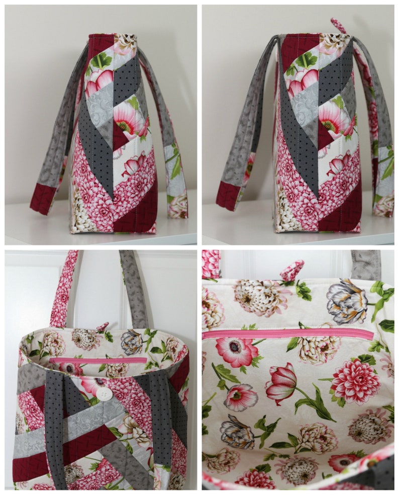 Candice Quilted Tote: shopper flat bottom double padded straps quilted padded pieced buttonloop closure inside zip pocket bookbag