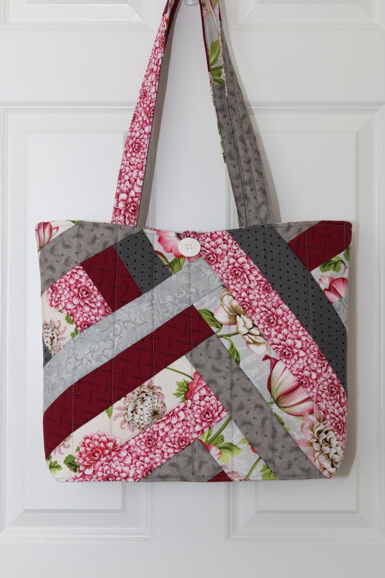 Candice Quilted Tote: shopper flat bottom double padded straps quilted padded pieced buttonloop closure inside zip pocket bookbag