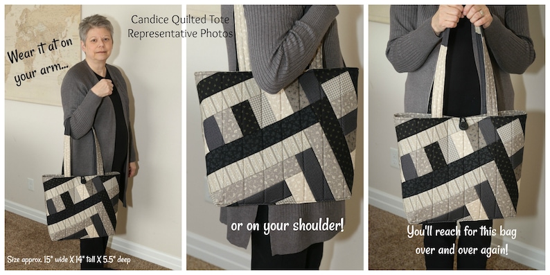 Candice Quilted Tote: shopper flat bottom double padded straps quilted padded pieced buttonloop closure inside zip pocket bookbag