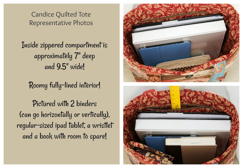 Candice Quilted Tote: shopper flat bottom double padded straps quilted padded pieced buttonloop closure inside zip pocket bookbag