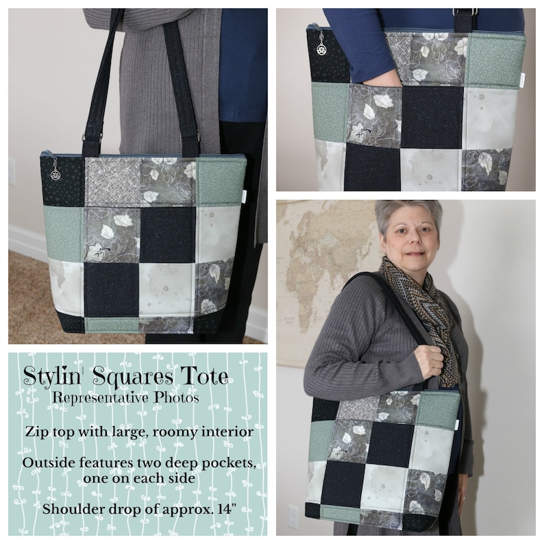 double handles pieced quilted padded zip top inside slip and zip pockets Stylin/' Squares Tote: large roomy interior 2 outside pockets