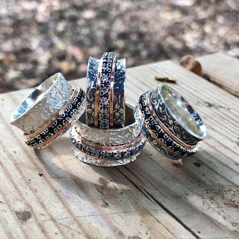 Tri color spinner cz spinning ring wide ring for women Etsy