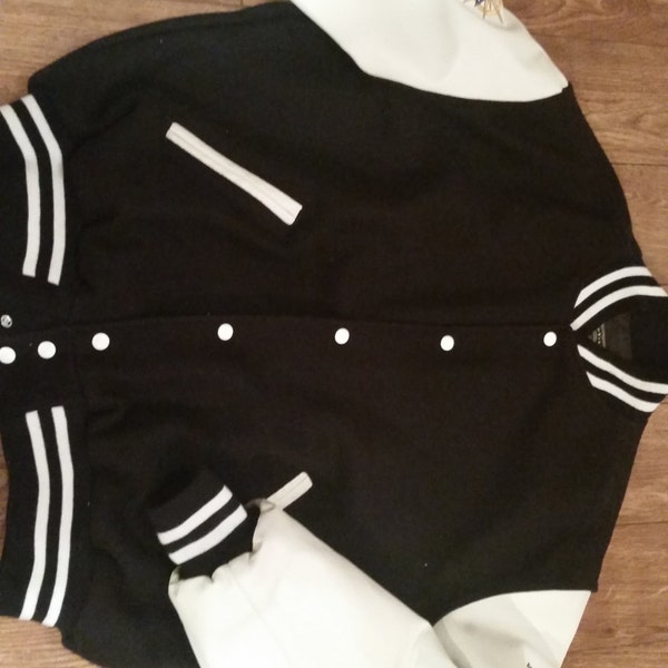 Varsity Jacket - Black Wool Body / White Leather Sleeves - Size XL - Made in USA