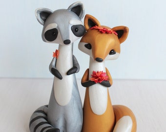 Fox and Raccoon Wedding Cake Topper - woodland wedding cake topper and keepsake by Heartmade Cottage; Polymer clay fall wedding cake topper