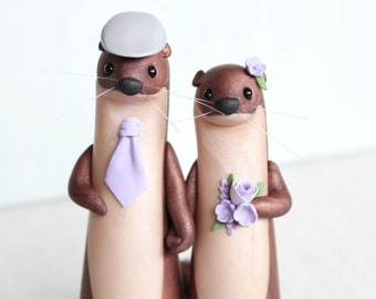 River Otter Wedding Cake Topper - figurine by Heartmade Cottage; significant otters, cute otter cake topper