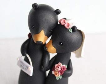 Black Bear Wedding Cake Topper - personalized animal polymer clay cake topper and keepsake for woodland and rustic wedding