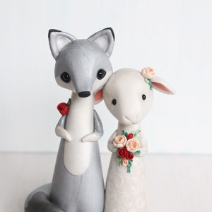 Wolf and Sheep Wedding Cake Topper - animal clay wedding cake topper for woodland wedding, ornament by Heartmade Cottage