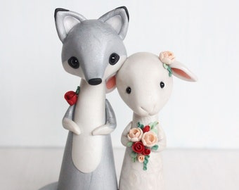 Wolf and Sheep Wedding Cake Topper - animal clay wedding cake topper for woodland wedding, ornament by Heartmade Cottage