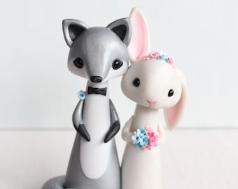 Silver Fox and Rabbit Wedding Cake Topper - figurines by Heartmade Cottage