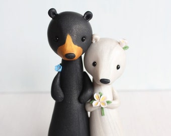 Black Bear and Polar Bear Wedding Cake Topper - figurines by Heartmade Cottage; woodland wedding, rustic wedding, winter wedding