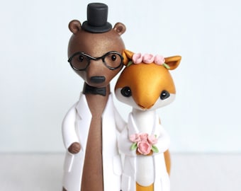 Bear and Squirrel Wedding Cake Topper - science, lab coats - woodland wedding - original clay figurine by Heartmade Cottage