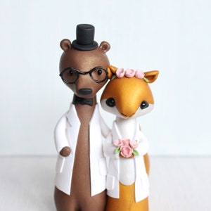 Bear and Squirrel Wedding Cake Topper science, lab coats woodland wedding original clay figurine by Heartmade Cottage image 1