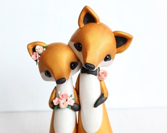 Fox Bride and Groom - Red Fox Wedding Cake Topper - woodland wedding cake topper - animal wedding - clay figurine by Heartmade Cottage