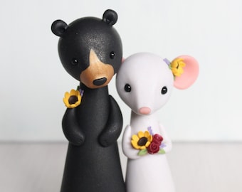 Black Bear and Mouse Wedding Cake Topper - figurines by Heartmade Cottage; woodland wedding, rustic wedding