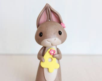 Bunny Rabbit Birthday Cake Topper - personalised polymer clay figurine by Heartmade Cottage