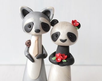 Raccoon and Panda wedding cake topper and keepsake by Heartmade Cottage; Polymer clay animal wedding cake topper, winter Christmas wedding