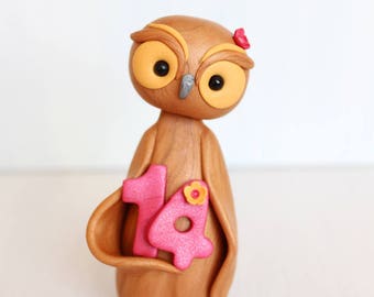 Owl Birthday Cake Topper - personalised polymer clay figurine by Heartmade Cottage