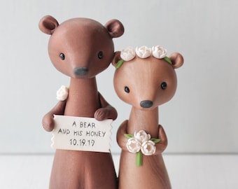 Bear Wedding Cake Topper - personalized bear woodland clay cake topper and keepsake - "A bear and his honey" figurine by Heartmade Cottage